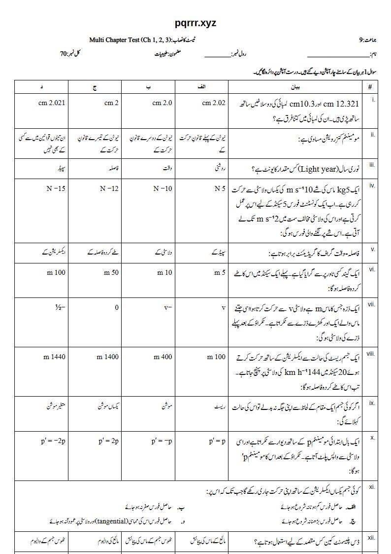 First page of 9th Physics (Urdu medium) – Chapters 1–3 – Multi Chapter Test, 70 marks (Urdu)