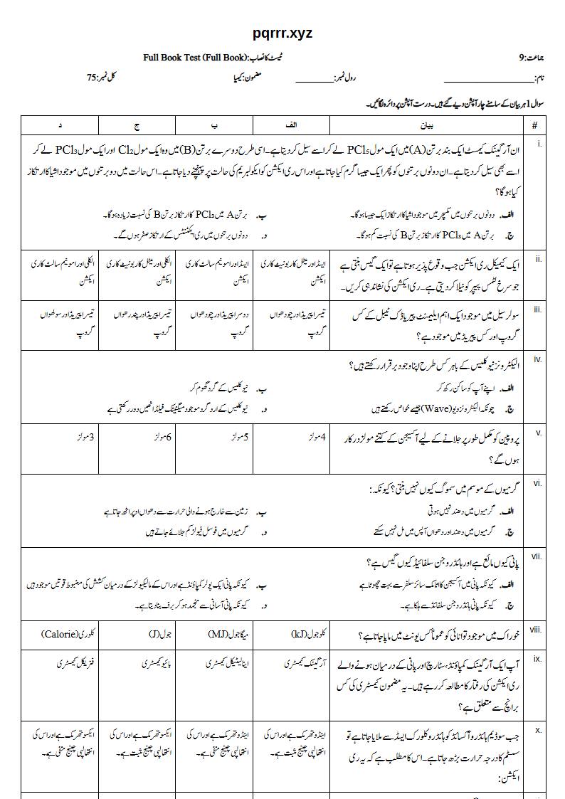First page of 9th Chemistry (Urdu medium) – Complete book – Full Book Test, 75 marks (Urdu)