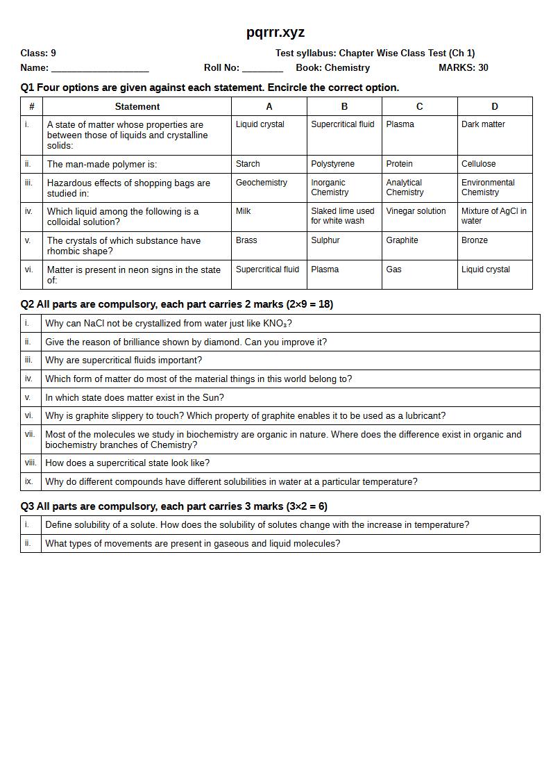 First page of 9th Chemistry – Chapter 1 – States of Matter and Phase Changes – Chapter Wise Class Test, 30 marks (English)
