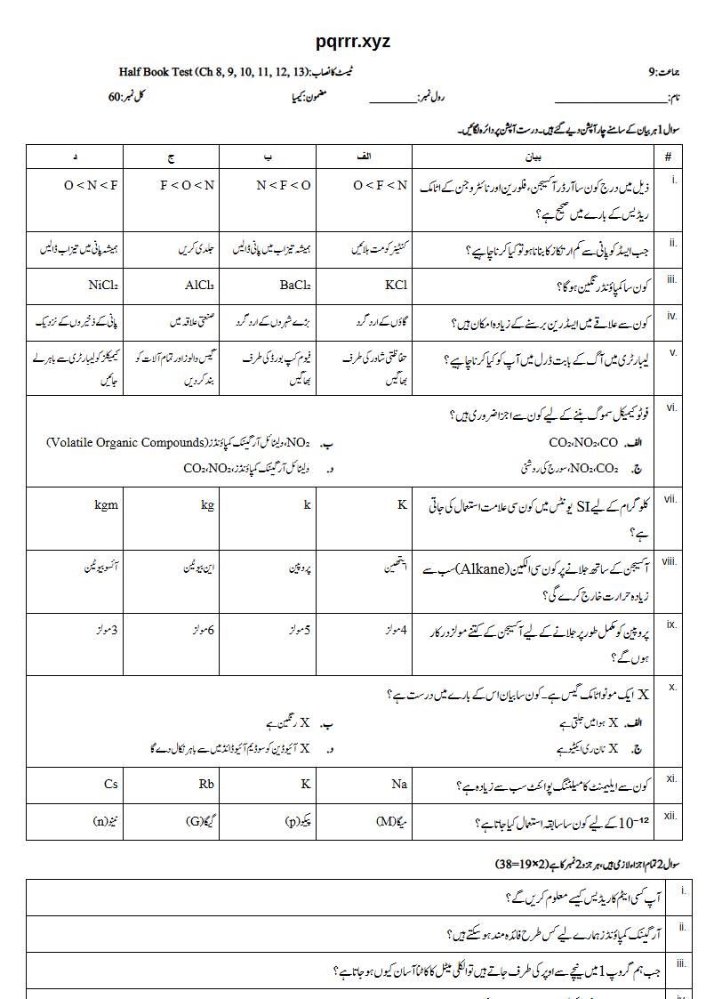 First page of 9th Chemistry (Urdu medium) – Half book (Chapters 8–13) – Half Book Test, 60 marks (Urdu)