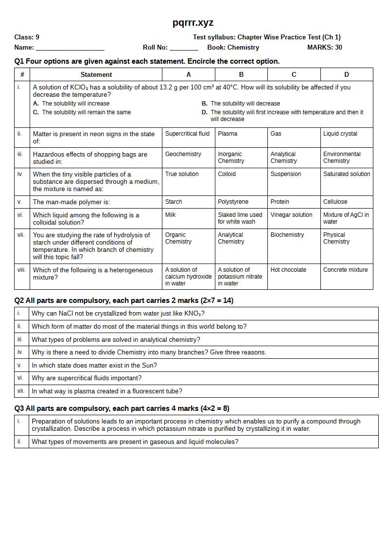 First page of 9th Chemistry – Chapter 1 – States of Matter and Phase Changes – Chapter Wise Practice Test, 30 marks (English)