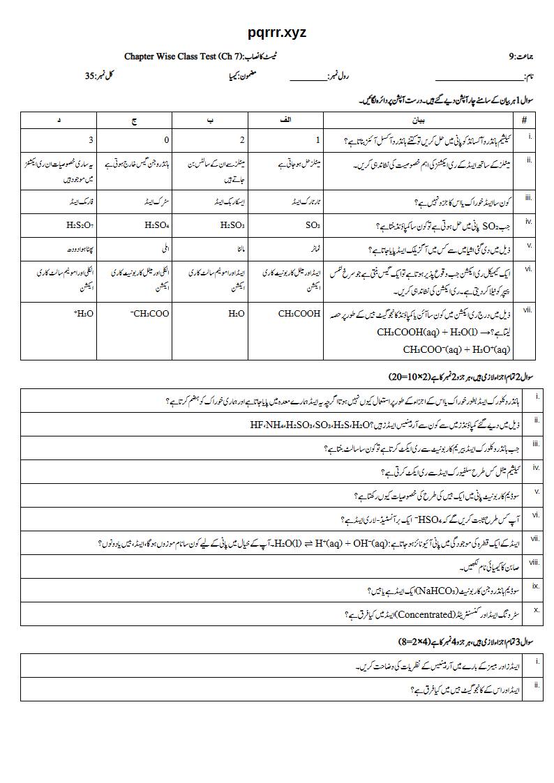 First page of 9th Chemistry (Urdu medium) – Chapter 7 – ایسڈ بیس کیمسٹری (Acid Base Chemistry) – Chapter Wise Class Test, 35 marks (Urdu)