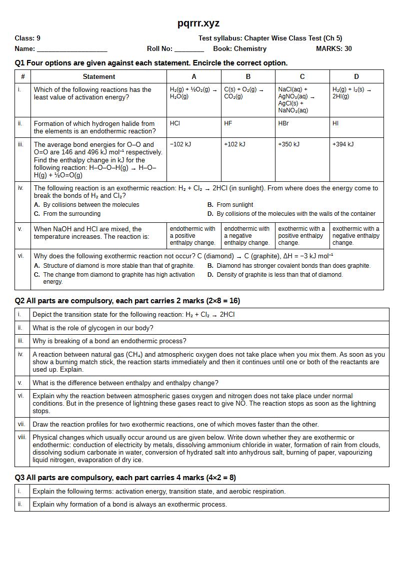 First page of 9th Chemistry – Chapter 5 – Energetics – Chapter Wise Class Test, 30 marks (English)