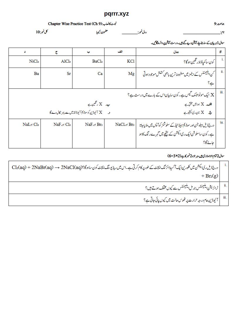 First page of 9th Chemistry (Urdu medium) – Chapter 9 – گروپ کی خصوصیات اور ایلیمنٹس (Group Properties and Elements) – Chapter Wise Practice Test, 10 marks (Urdu)