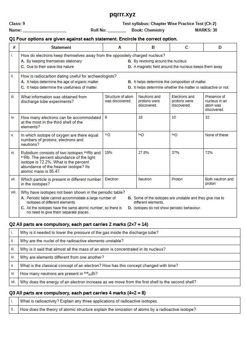 First page of 9th Chemistry – Chapter 2 – Atomic Structure – Chapter Wise Practice Test, 30 marks (English)