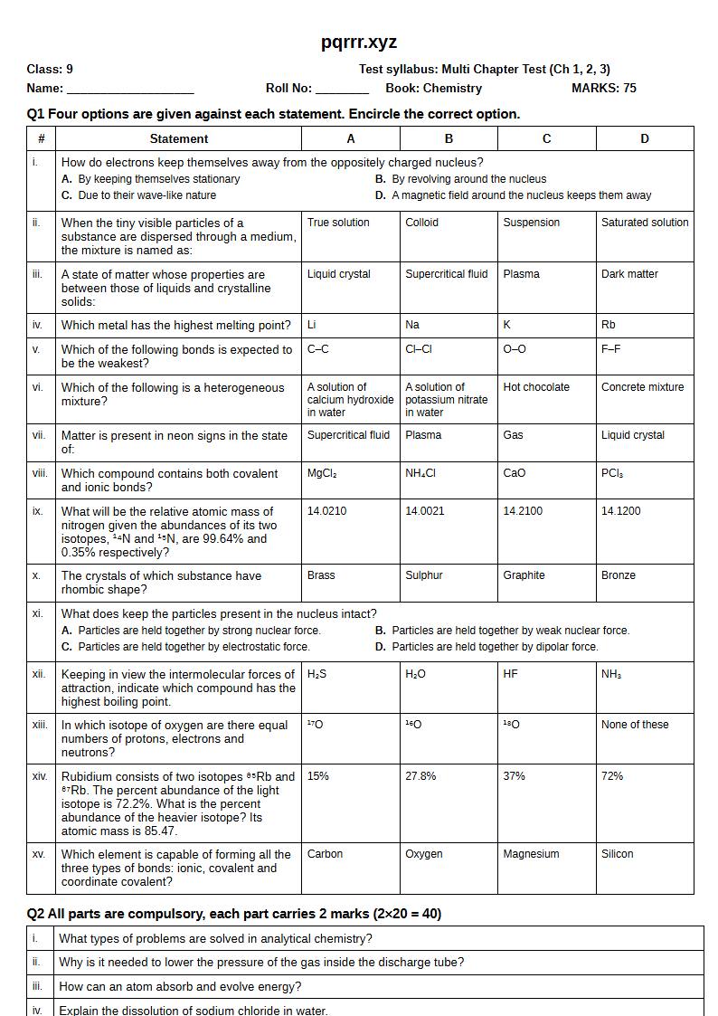 First page of 9th Chemistry – Chapters 1–3 – Multi Chapter Test, 75 marks (English)