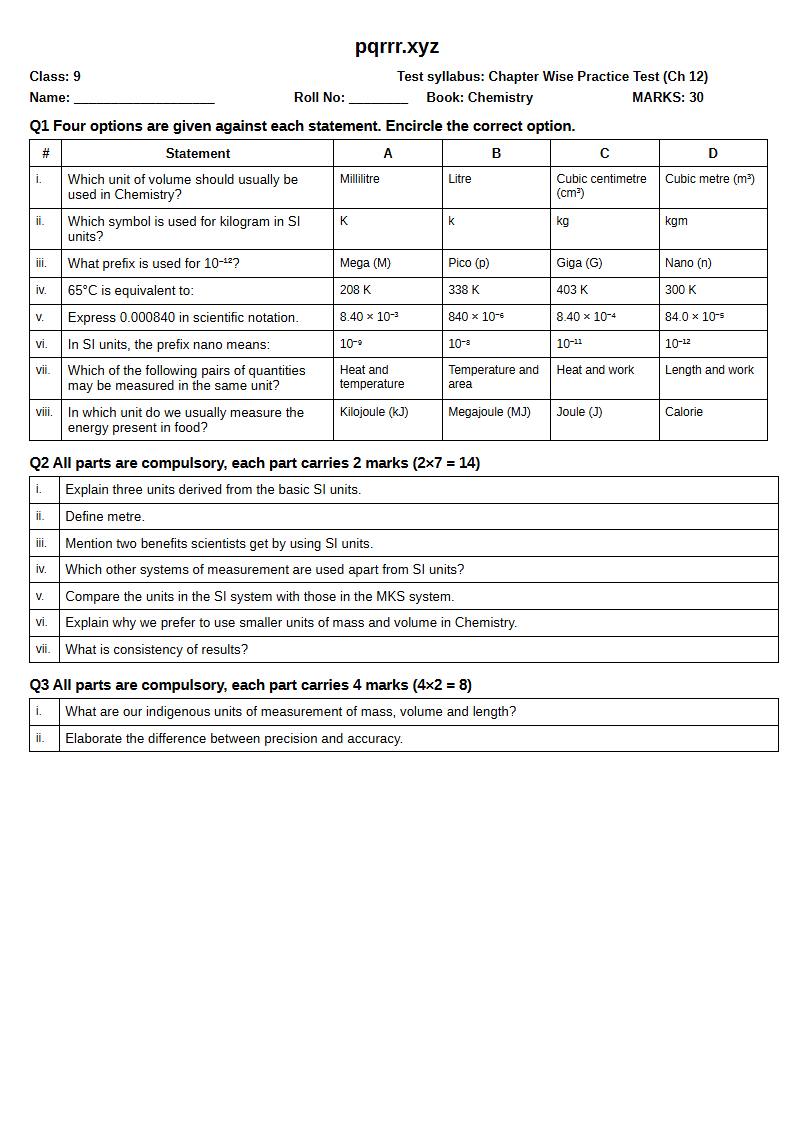 First page of 9th Chemistry – Chapter 12 – Empirical Data Collection and Analysis – Chapter Wise Practice Test, 30 marks (English)