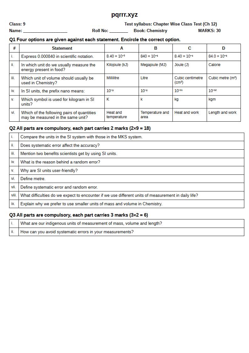 First page of 9th Chemistry – Chapter 12 – Empirical Data Collection and Analysis – Chapter Wise Class Test, 30 marks (English)