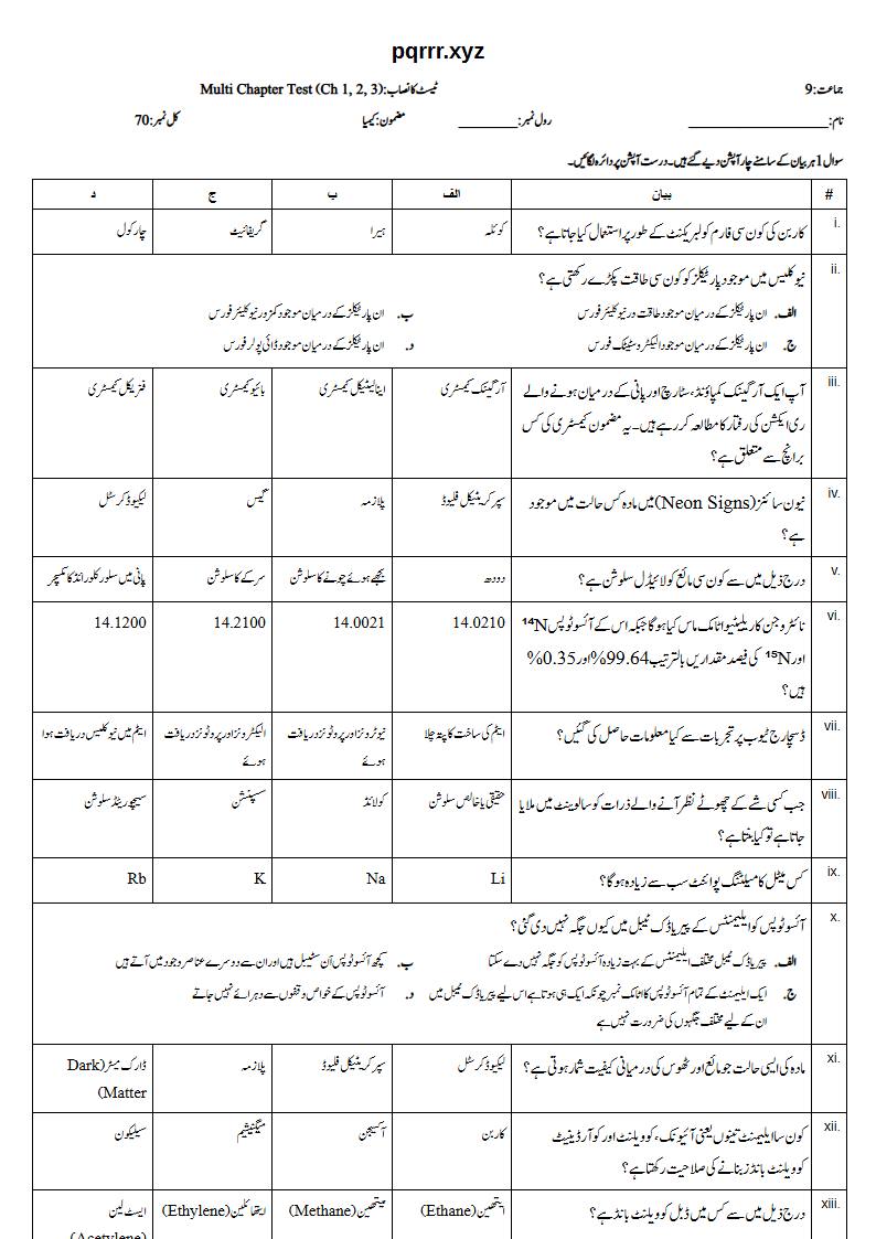 First page of 9th Chemistry (Urdu medium) – Chapters 1–3 – Multi Chapter Test, 70 marks (Urdu)