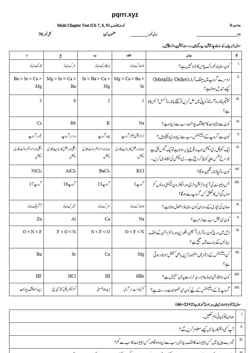 First page of 9th Chemistry – Chapters 7–9 – Multi Chapter Test, 70 marks (Urdu)