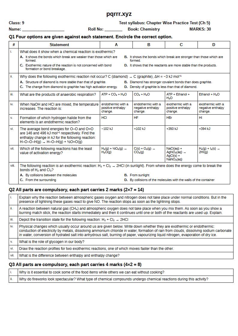First page of 9th Chemistry – Chapter 5 – Energetics – Chapter Wise Practice Test, 30 marks (English)