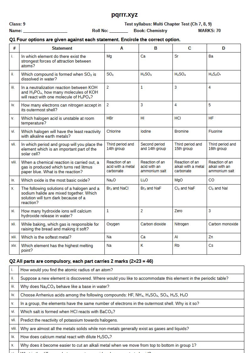 First page of 9th Chemistry – Chapters 7–9 – Multi Chapter Test, 70 marks (English)
