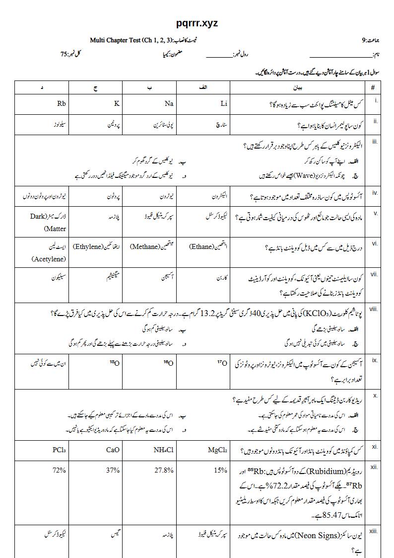 First page of 9th Chemistry – Chapters 1–3 – Multi Chapter Test, 75 marks (Urdu)