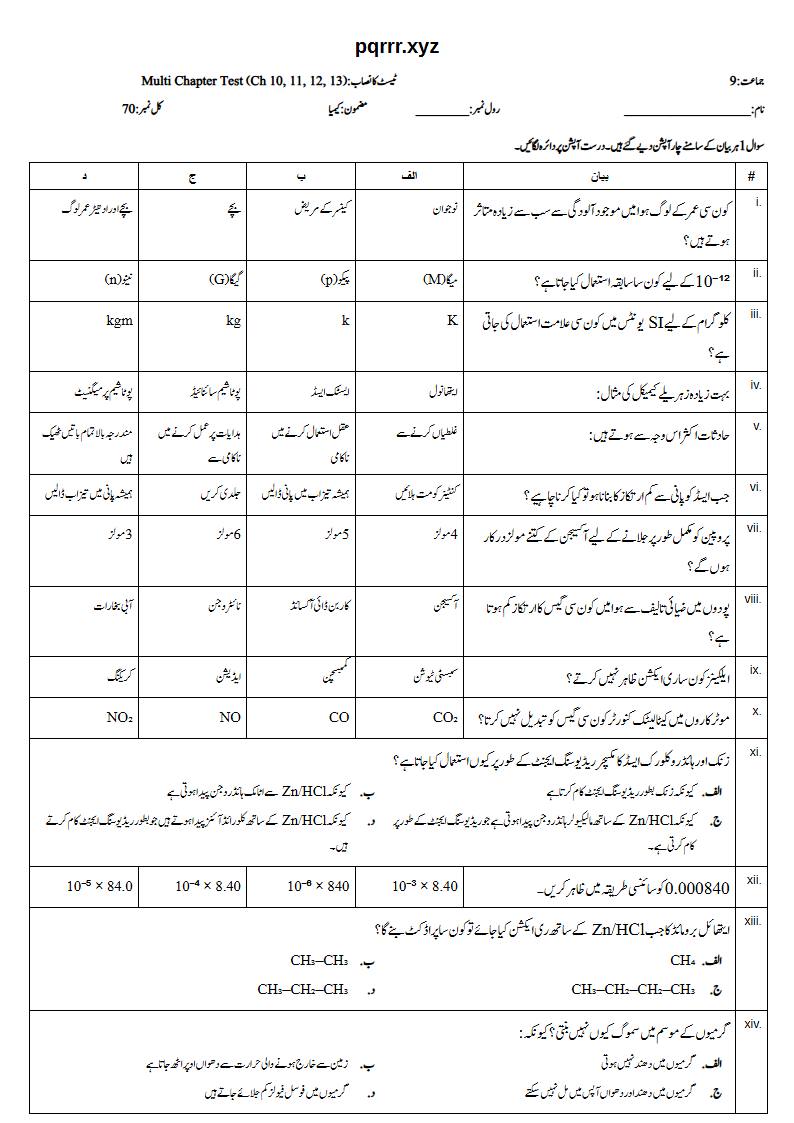 First page of 9th Chemistry (Urdu medium) – Chapters 10–13 – Multi Chapter Test, 70 marks (Urdu)