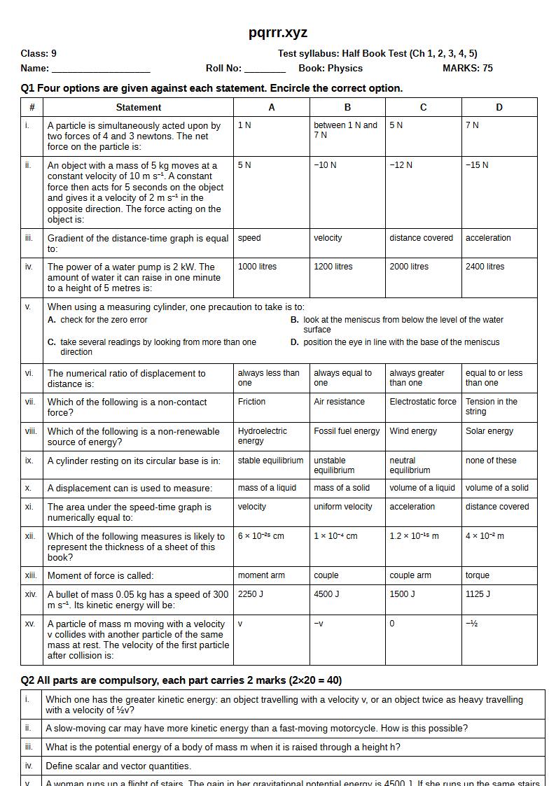 First page of 9th Physics – Half book (Chapters 1–5) – Half Book Test, 75 marks (English)