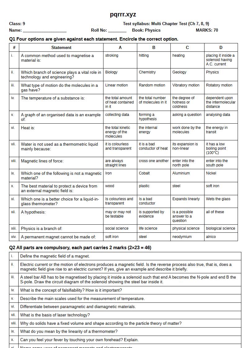 First page of 9th Physics – Chapters 7–9 – Multi Chapter Test, 70 marks (English)