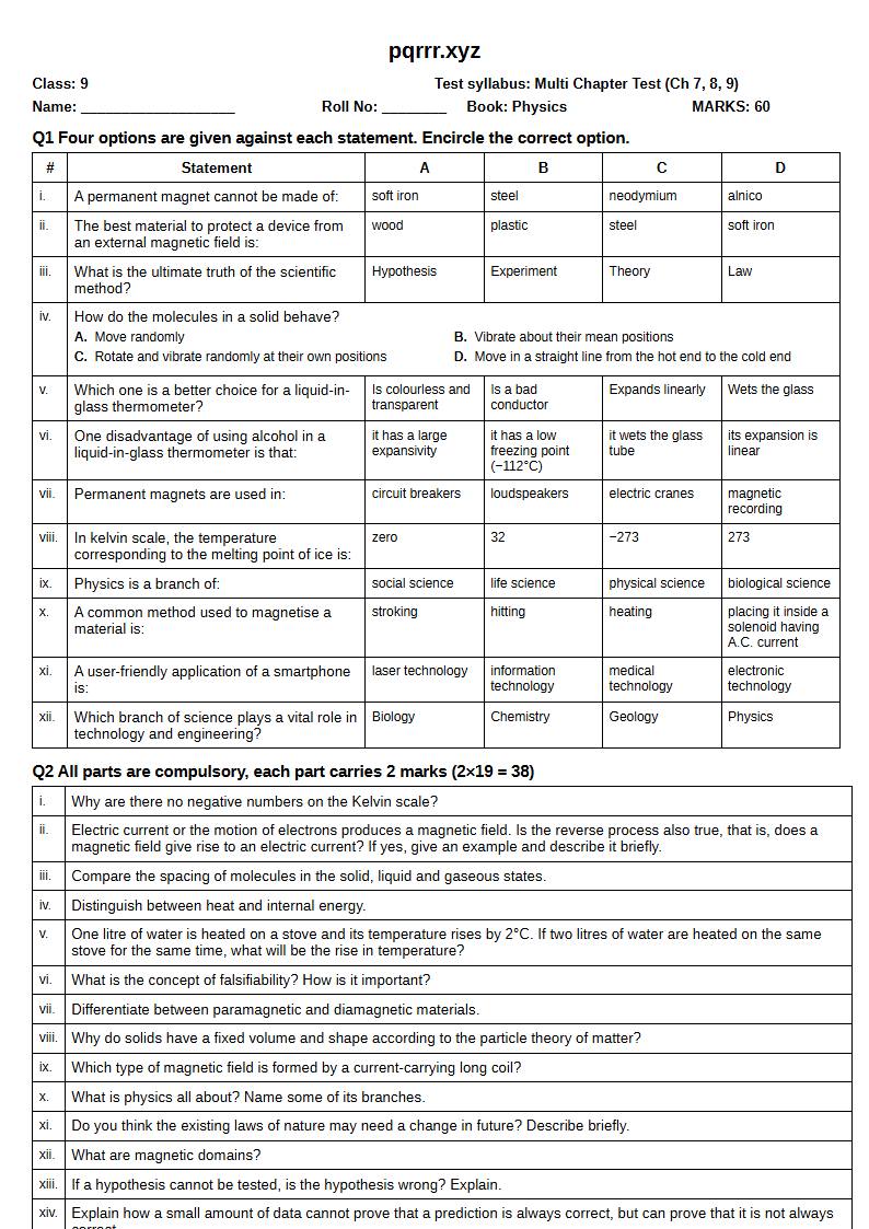 First page of 9th Physics – Chapters 7–9 – Multi Chapter Test, 60 marks (English)