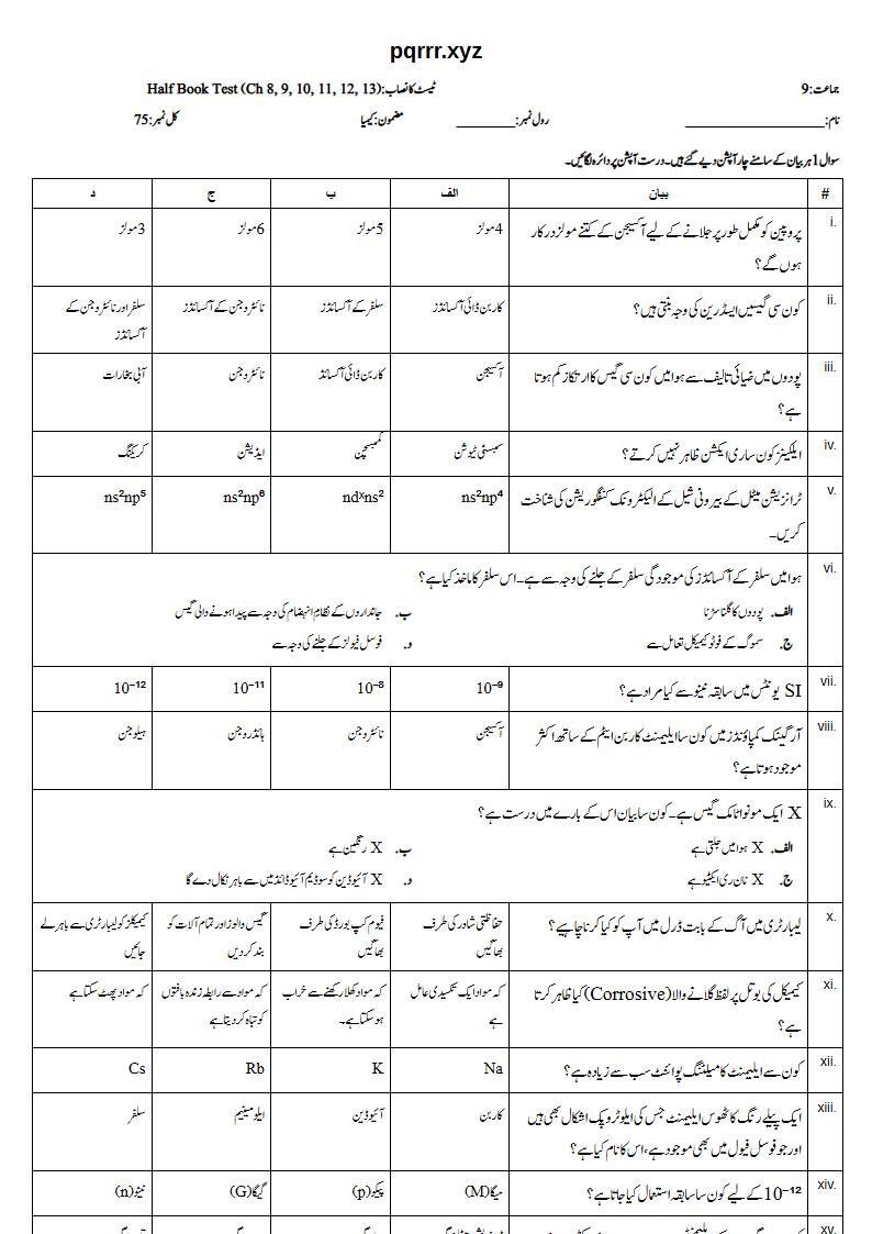 First page of 9th Chemistry – Half book (Chapters 8–13) – Half Book Test, 75 marks (Urdu)