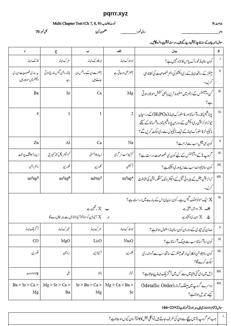First page of 9th Chemistry (Urdu medium) – Chapters 7–9 – Multi Chapter Test, 70 marks (Urdu)