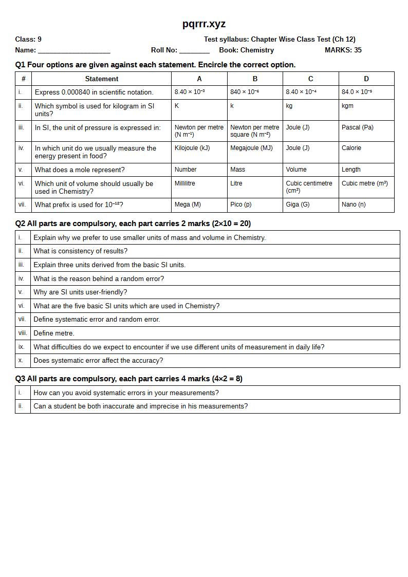 First page of 9th Chemistry – Chapter 12 – Empirical Data Collection and Analysis – Chapter Wise Class Test, 35 marks (English)