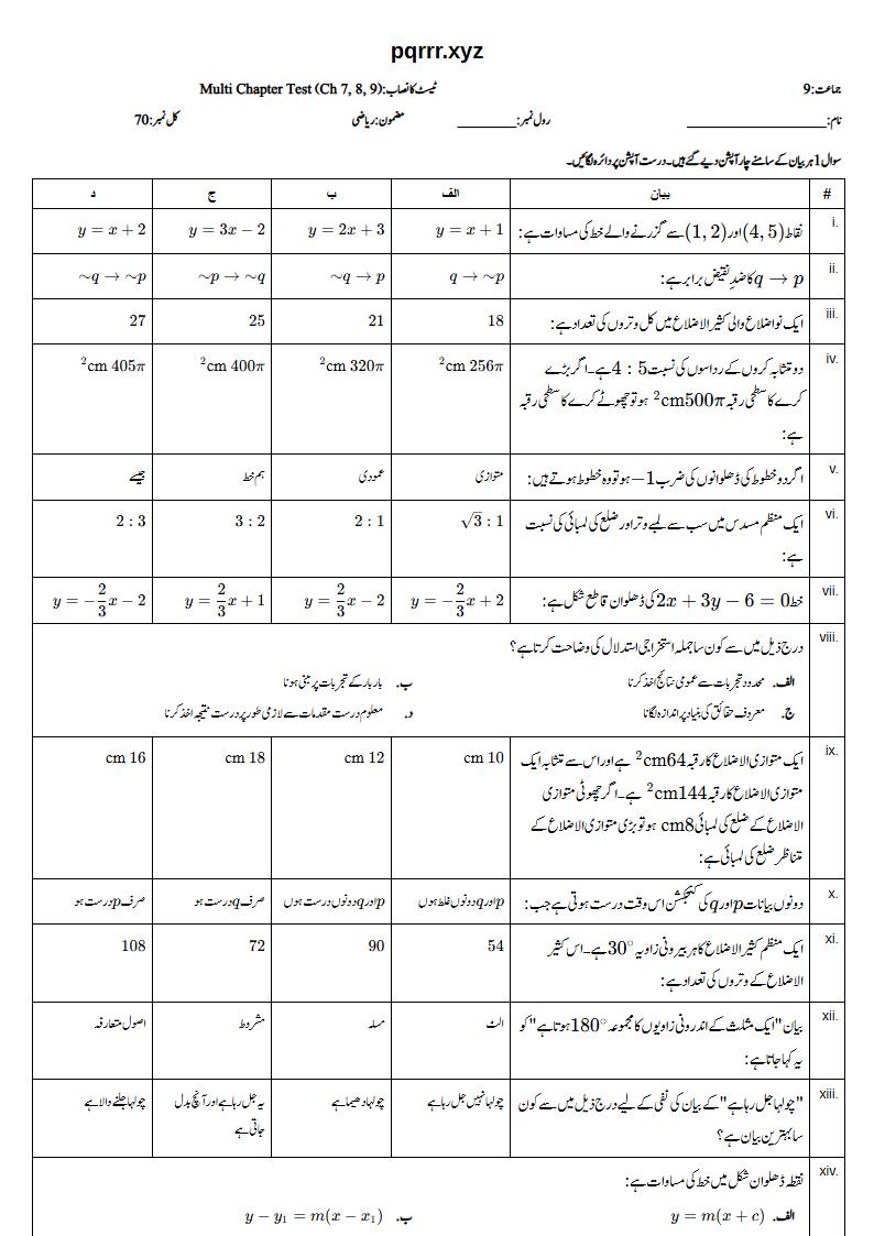 First page of 9th Mathematics (Urdu medium) – Chapters 7–9 – Multi Chapter Test, 70 marks (Urdu)