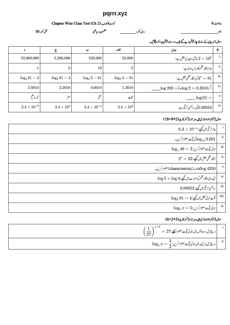 First page of 9th Mathematics (Urdu medium) – Chapter 2 – لوگارتھم (Logarithms) – Chapter Wise Class Test, 30 marks (Urdu)