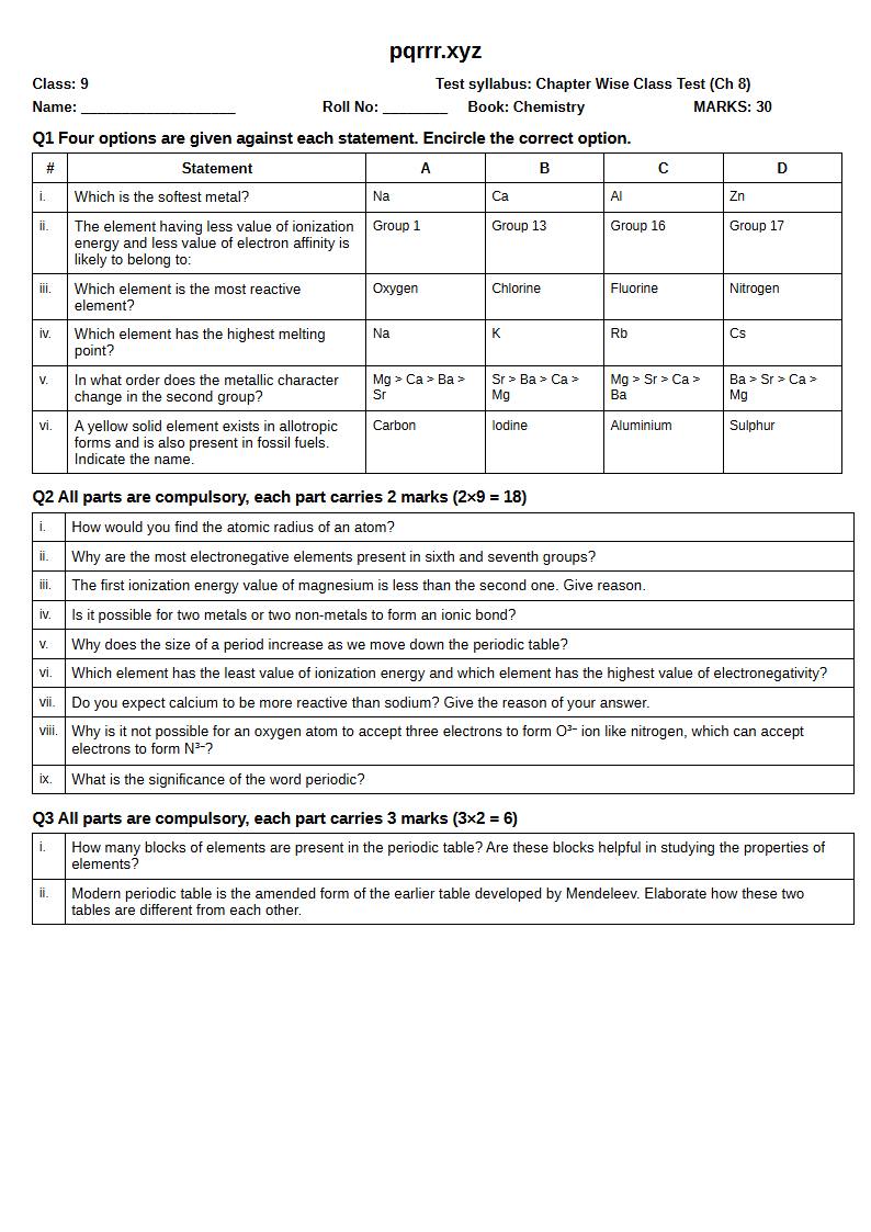 First page of 9th Chemistry – Chapter 8 – Periodic Table and Periodicity – Chapter Wise Class Test, 30 marks (English)