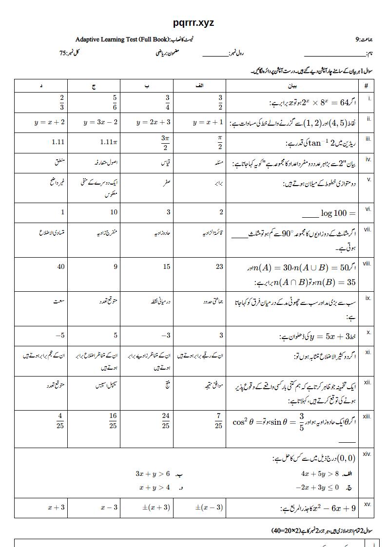 First page of 9th Mathematics (Urdu medium) – Complete book – Adaptive Learning Test, 75 marks (Urdu)