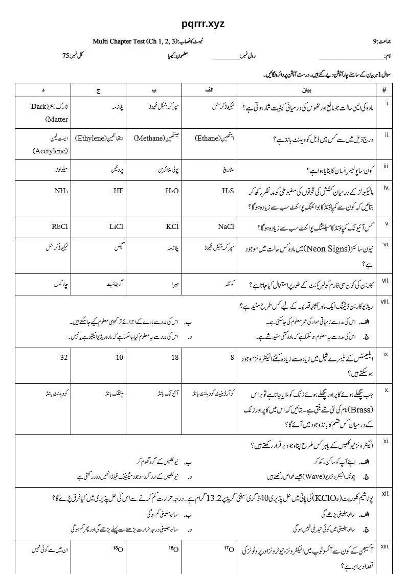 First page of 9th Chemistry (Urdu medium) – Chapters 1–3 – Multi Chapter Test, 75 marks (Urdu)