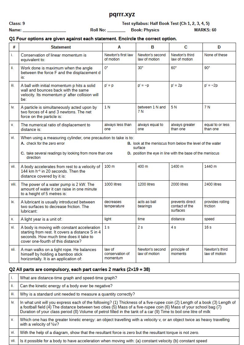 First page of 9th Physics – Half book (Chapters 1–5) – Half Book Test, 60 marks (English)