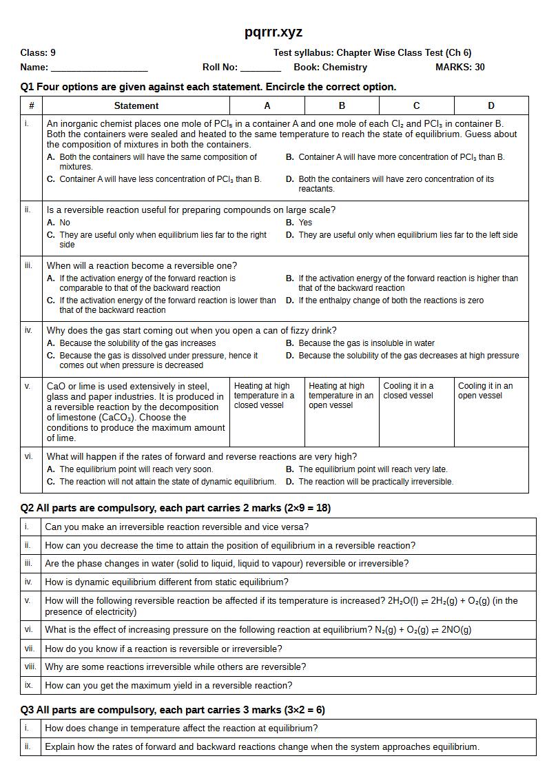 First page of 9th Chemistry – Chapter 6 – Equilibria – Chapter Wise Class Test, 30 marks (English)