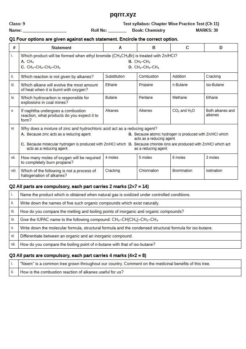 First page of 9th Chemistry – Chapter 11 – Hydrocarbons – Chapter Wise Practice Test, 30 marks (English)