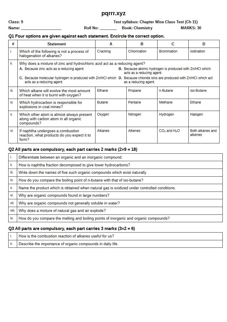 First page of 9th Chemistry – Chapter 11 – Hydrocarbons – Chapter Wise Class Test, 30 marks (English)