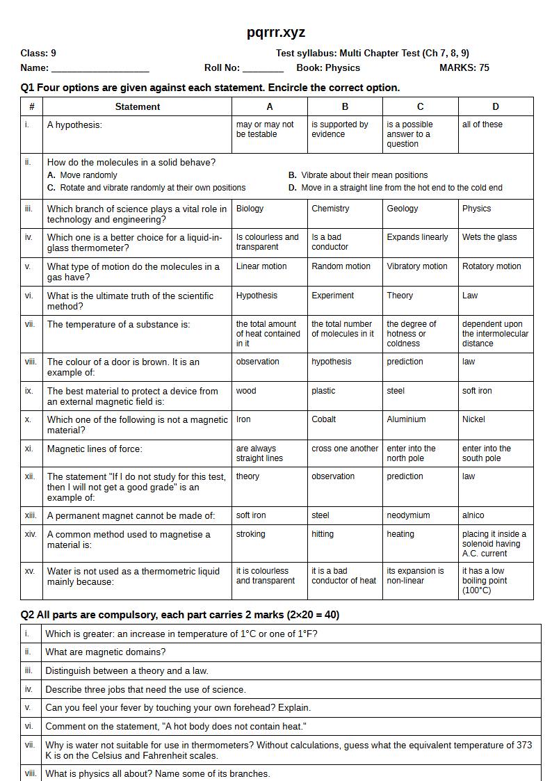 First page of 9th Physics – Chapters 7–9 – Multi Chapter Test, 75 marks (English)