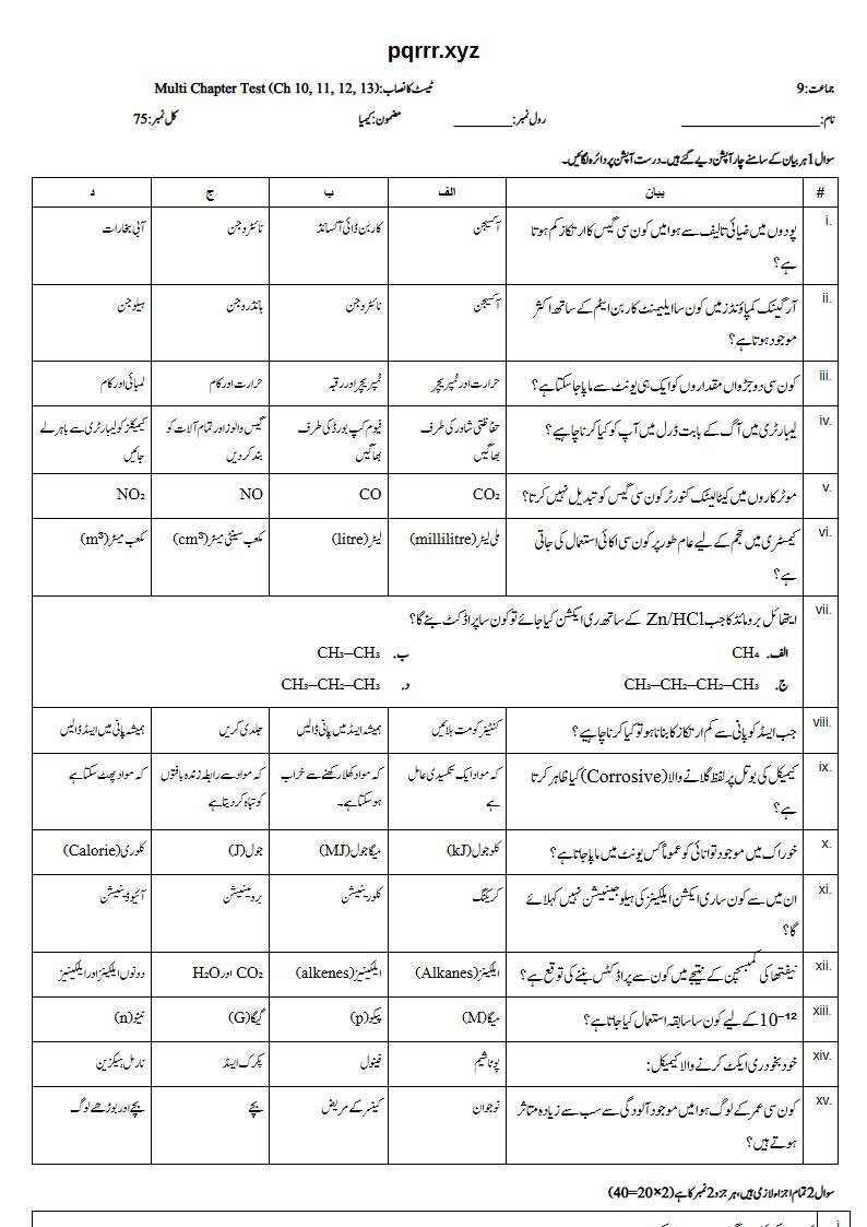 First page of 9th Chemistry – Chapters 10–13 – Multi Chapter Test, 75 marks (Urdu)
