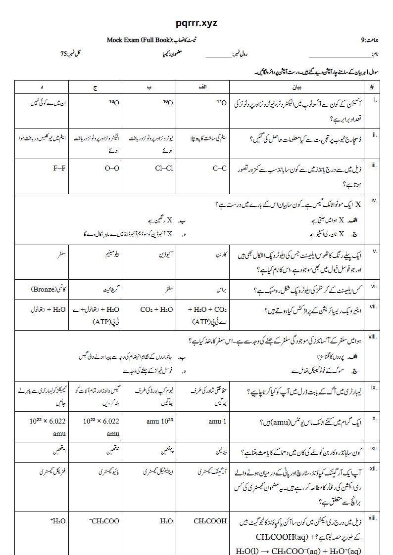 First page of 9th Chemistry (Urdu medium) – Complete book – Mock Exam, 75 marks (Urdu)