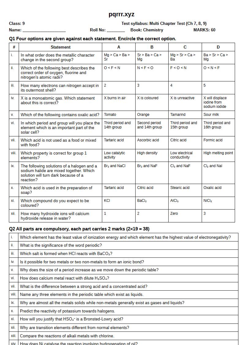 First page of 9th Chemistry – Chapters 7–9 – Multi Chapter Test, 60 marks (English)