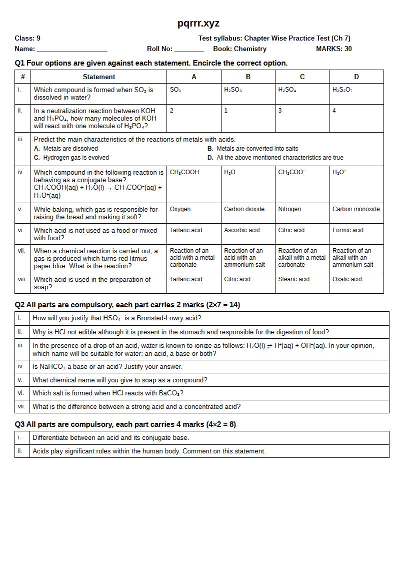 First page of 9th Chemistry – Chapter 7 – Acid Base Chemistry – Chapter Wise Practice Test, 30 marks (English)