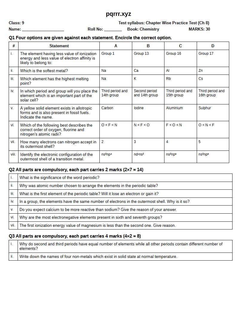 First page of 9th Chemistry – Chapter 8 – Periodic Table and Periodicity – Chapter Wise Practice Test, 30 marks (English)