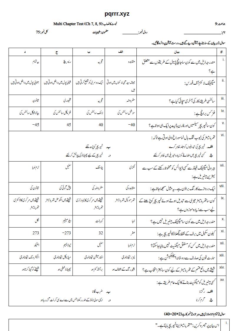First page of 9th Physics (Urdu medium) – Chapters 7–9 – Multi Chapter Test, 75 marks (Urdu)