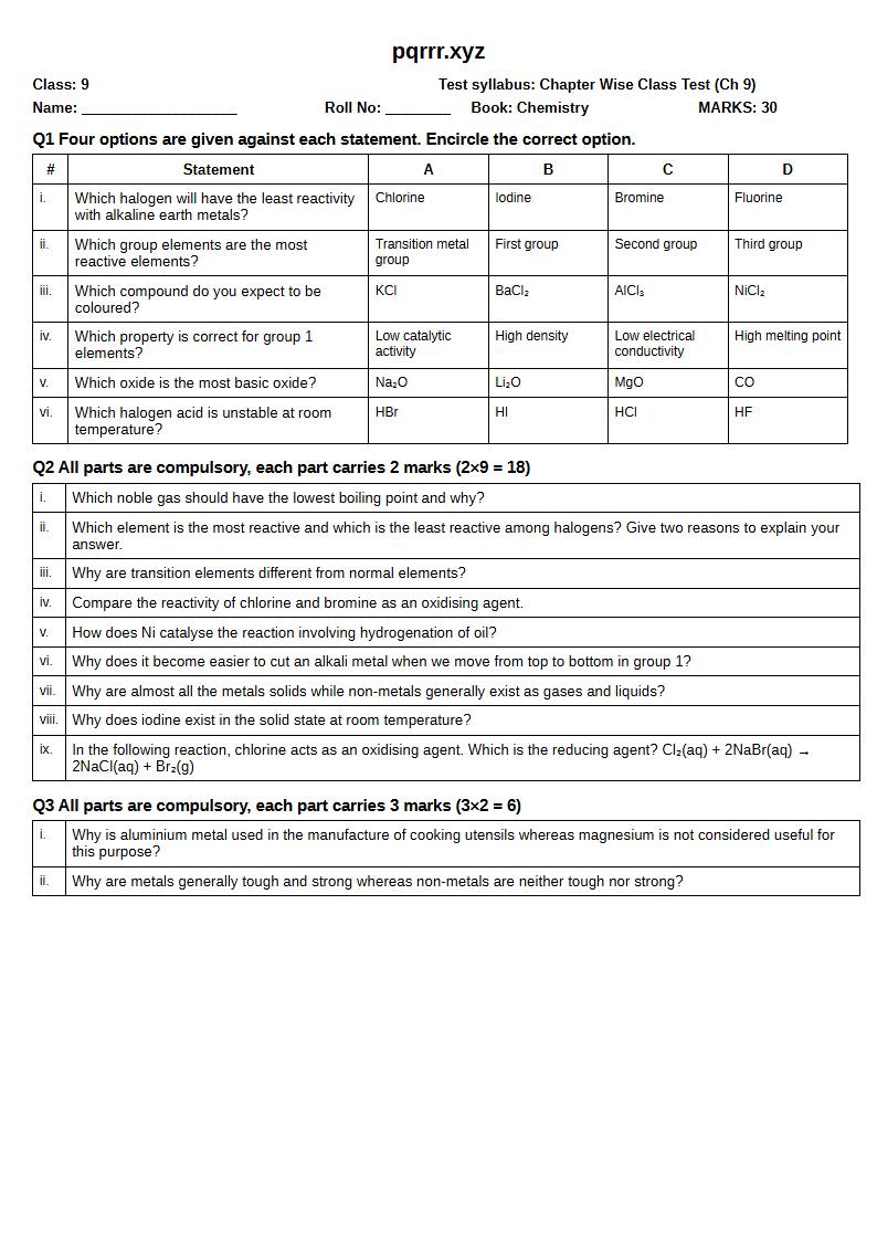 First page of 9th Chemistry – Chapter 9 – Group Properties and Elements – Chapter Wise Class Test, 30 marks (English)