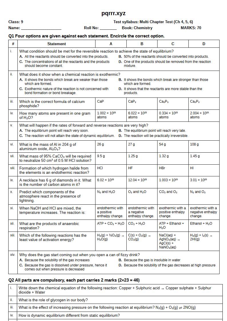 First page of 9th Chemistry – Chapters 4–6 – Multi Chapter Test, 70 marks (English)