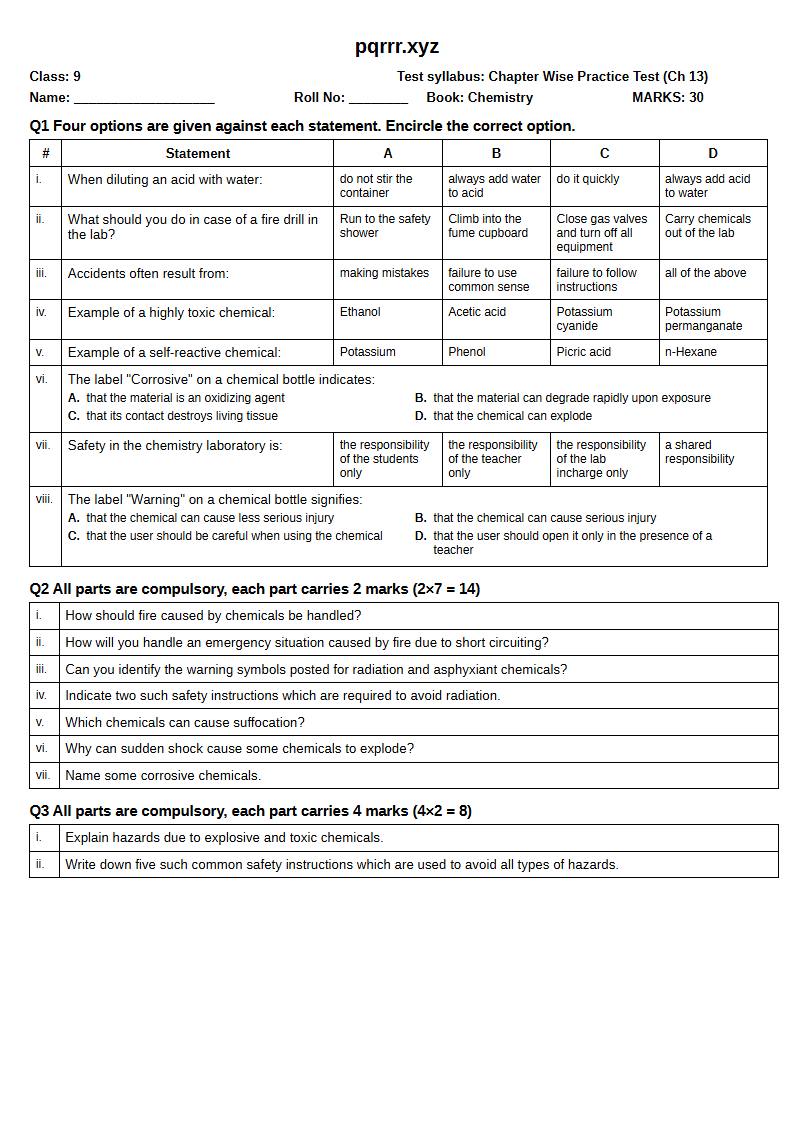 First page of 9th Chemistry – Chapter 13 – Laboratory and Practical Skills – Chapter Wise Practice Test, 30 marks (English)