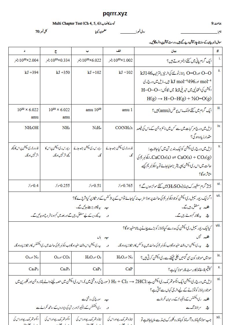 First page of 9th Chemistry – Chapters 4–6 – Multi Chapter Test, 70 marks (Urdu)