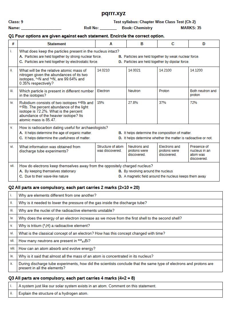 First page of 9th Chemistry – Chapter 2 – Atomic Structure – Chapter Wise Class Test, 35 marks (English)