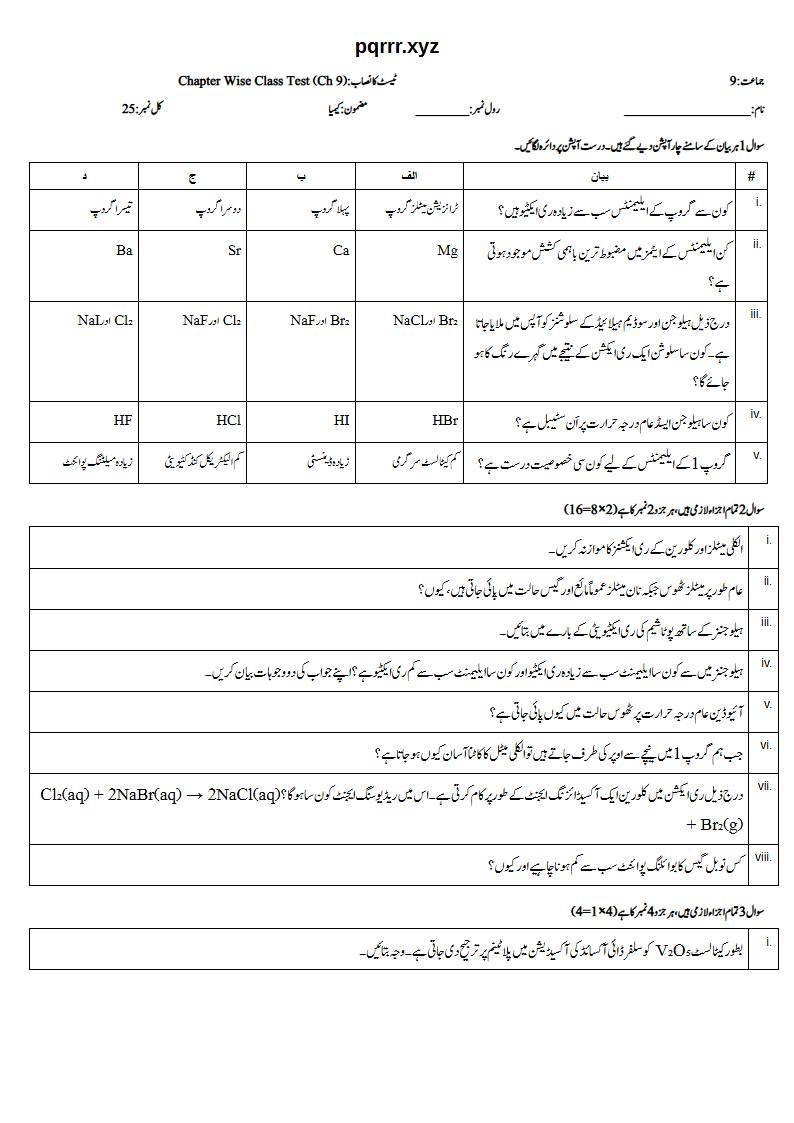 First page of 9th Chemistry (Urdu medium) – Chapter 9 – گروپ کی خصوصیات اور ایلیمنٹس (Group Properties and Elements) – Chapter Wise Class Test, 25 marks (Urdu)