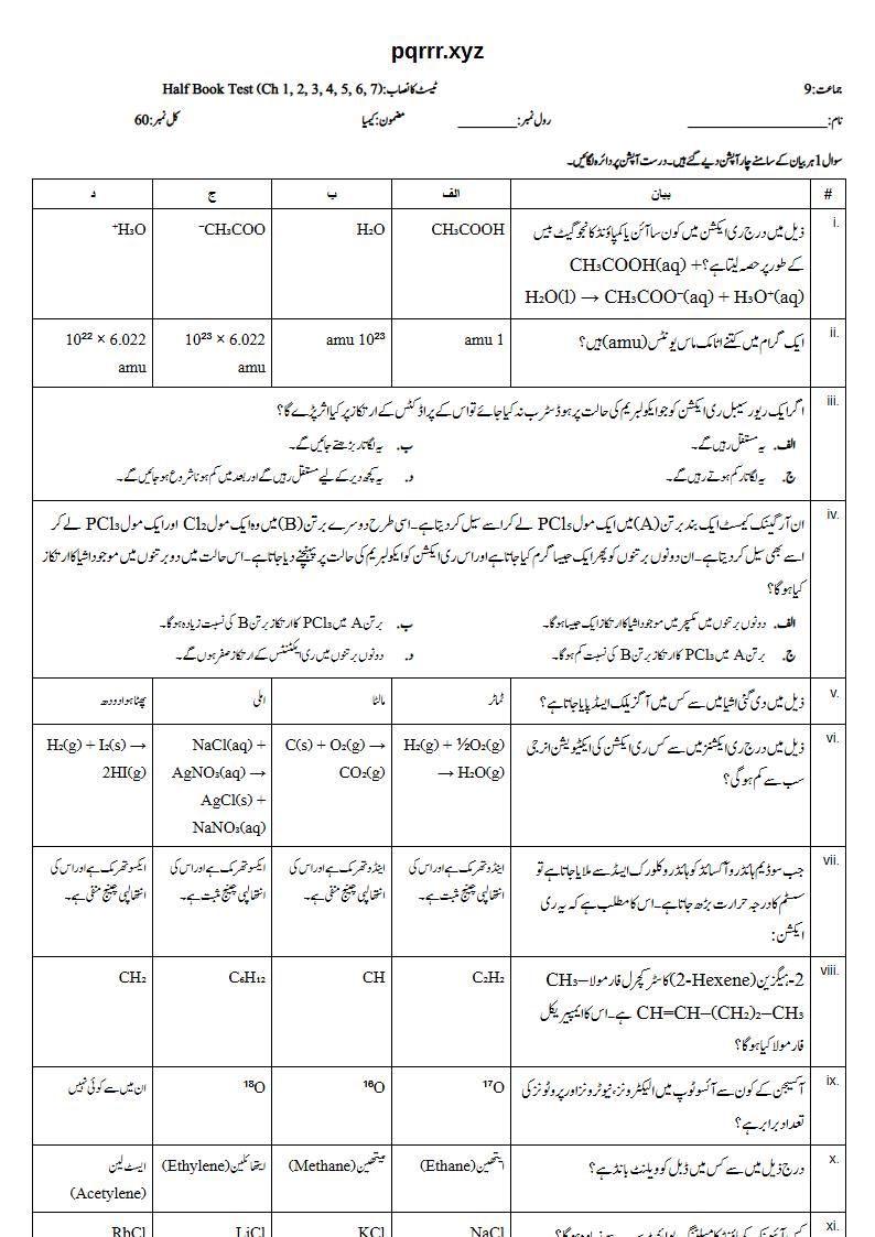 First page of 9th Chemistry (Urdu medium) – Half book (Chapters 1–7) – Half Book Test, 60 marks (Urdu)