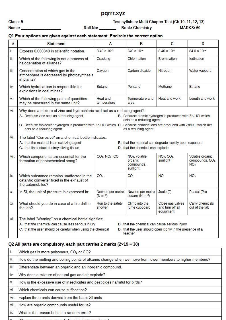 First page of 9th Chemistry – Chapters 10–13 – Multi Chapter Test, 60 marks (English)