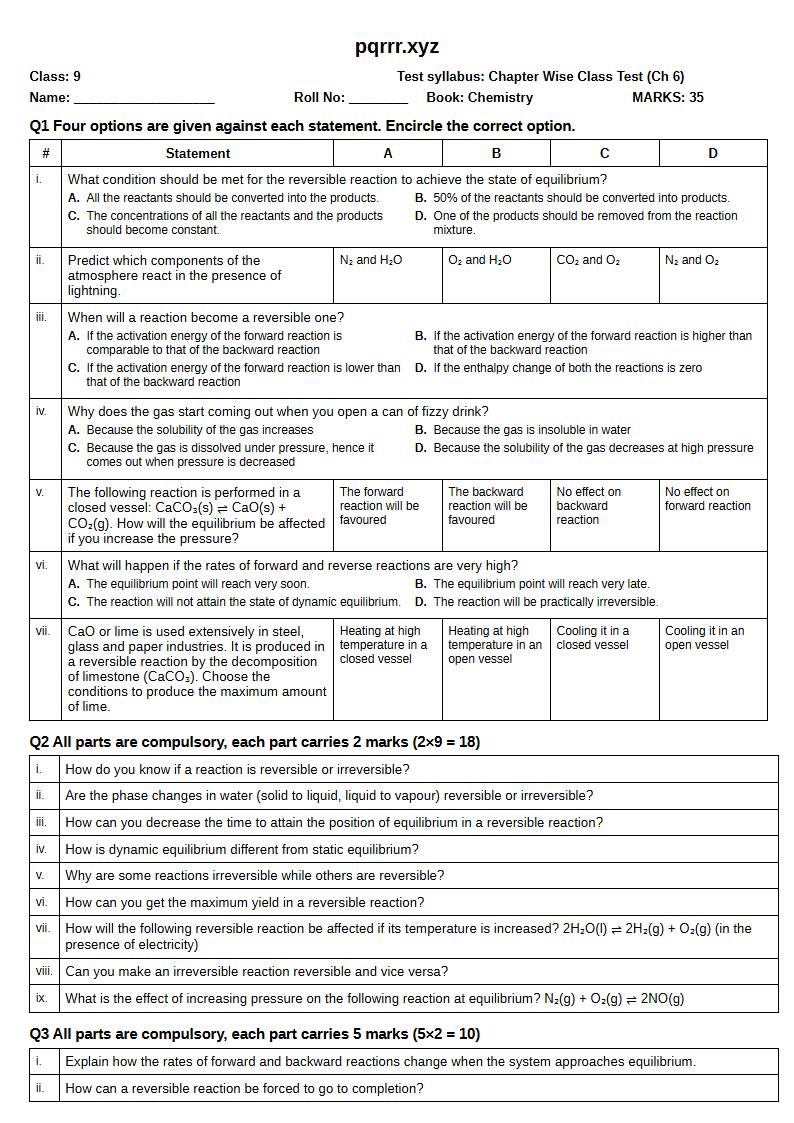 First page of 9th Chemistry – Chapter 6 – Equilibria – Chapter Wise Class Test, 35 marks (English)