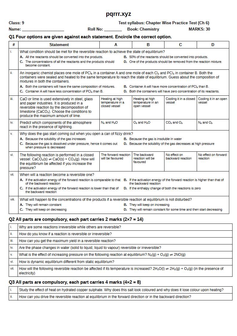First page of 9th Chemistry – Chapter 6 – Equilibria – Chapter Wise Practice Test, 30 marks (English)